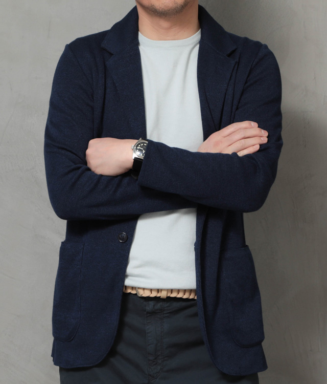 定10万新品同様　LARDINI レザー切替リネンニットジャケットXSハンガー付 LARDINI/ラルディーニのニットジャケットに合わせたGUY ROVER/ギ