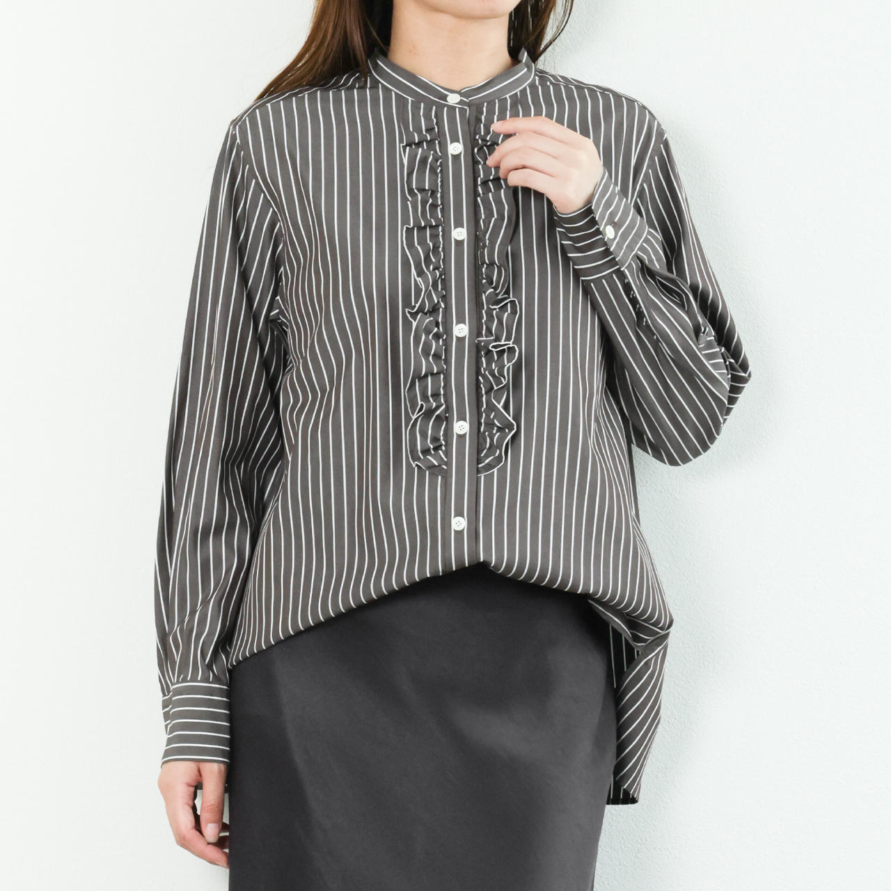 ストライプシャツレディース フリフリ シャツ ブラウス drawell 
