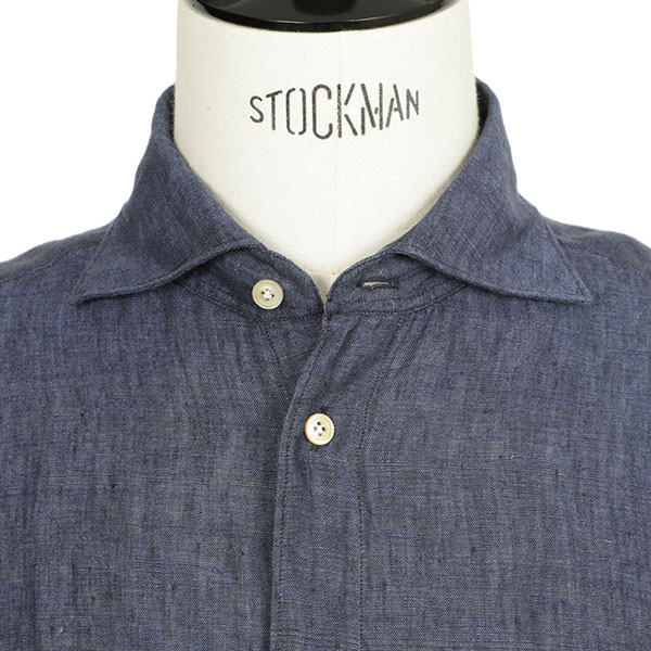 ナノライブラリ　新品　未着用　MONTI社　リネン　カッタウェイシャツ　ブルー Finamore フィナモレ メンズ シャツ カッタウェイ リネン SIMONE BALI