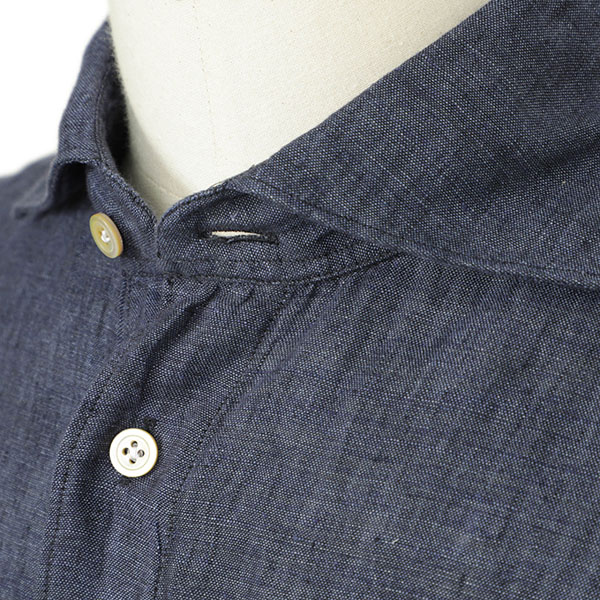 ナノライブラリ　新品　未着用　MONTI社　リネン　カッタウェイシャツ　ブルー Finamore フィナモレ メンズ シャツ カッタウェイ リネン SIMONE BALI