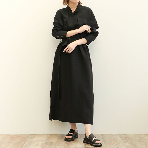 SACRA サクラ レディース ワンピース ベルテッド ロング丈 長袖 リネン ベルギー PREMIUM BERGIUM LINEN OP  124112041 BLACK/ブラック｜SACRA｜菅原靴店