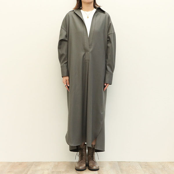 SACRA サクラ レディース ワンピース ロング丈 長袖 ウール ナイロン カシミヤ ストレッチ スキッパー CASHMERE ROYAL  FLANO OP 124509041 ASH KHAKI/カーキ｜SACRA｜菅原靴店