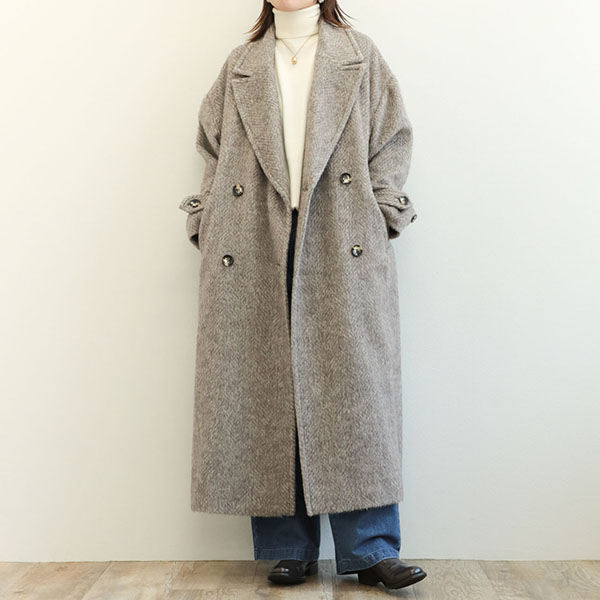 SACRA サクラ レディース コート ロング ダブル シャギー ポリエステル アクリル ウール アルパカ HERRINGBONE SHAGGY COAT 124602011