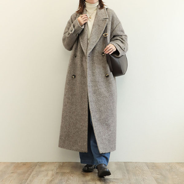 SACRA サクラ レディース コート ロング ダブル シャギー ポリエステル アクリル ウール アルパカ HERRINGBONE SHAGGY  COAT 124602011 BEIGE/ベージュ｜SACRA｜菅原靴店