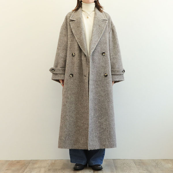 SACRA サクラ レディース コート ロング ダブル シャギー ポリエステル アクリル ウール アルパカ HERRINGBONE SHAGGY  COAT 124602011 BEIGE/ベージュ｜SACRA｜菅原靴店