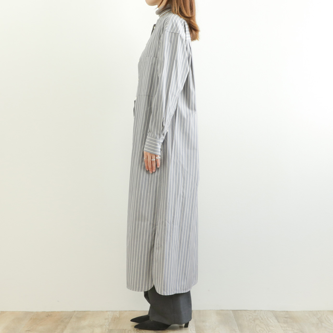 新品タグ付き DRAWELL ドロウェル マキシ丈シャツワンピース 綿 日本製 drawell ドロウェル レディース ワンピース マキシ丈 長袖 バンド