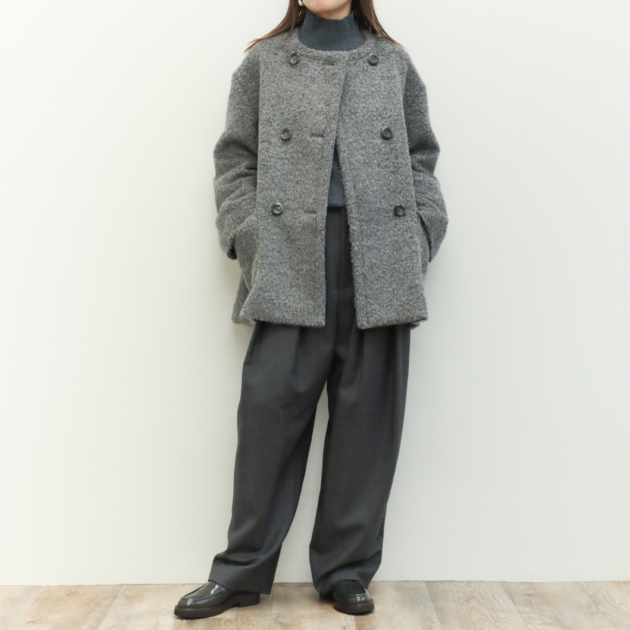 drawell ドロウェル コート ダブルブレスト ショート丈 ノーカラー A