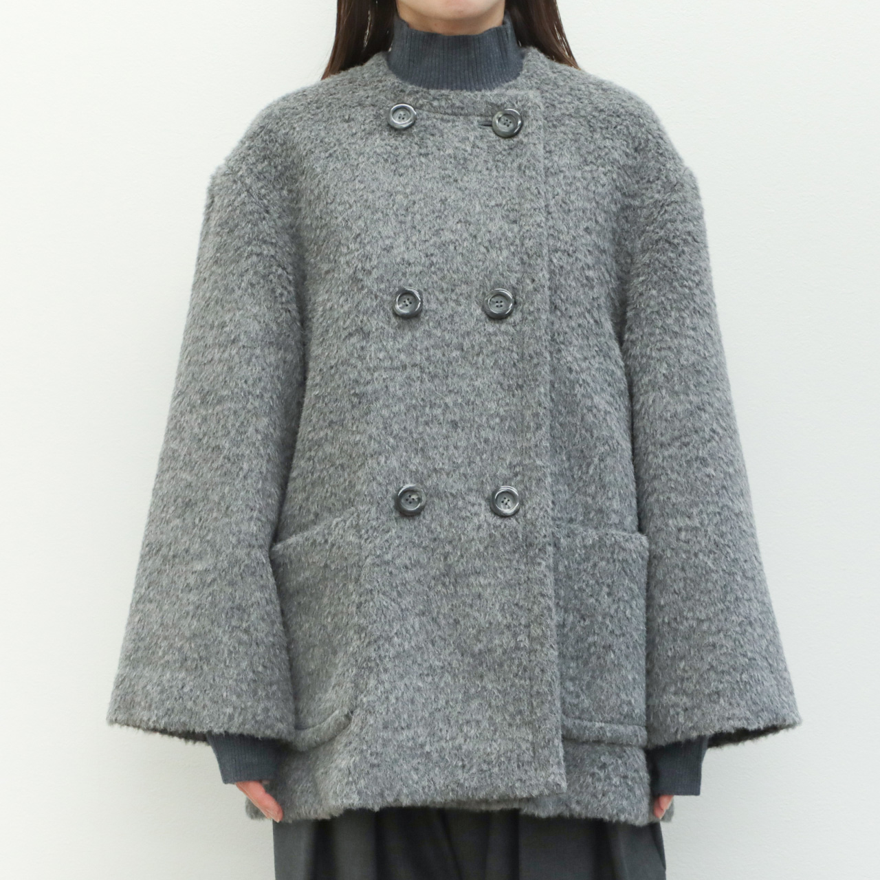 drawell ドロウェル コート ダブルブレスト ショート丈 ノーカラー A