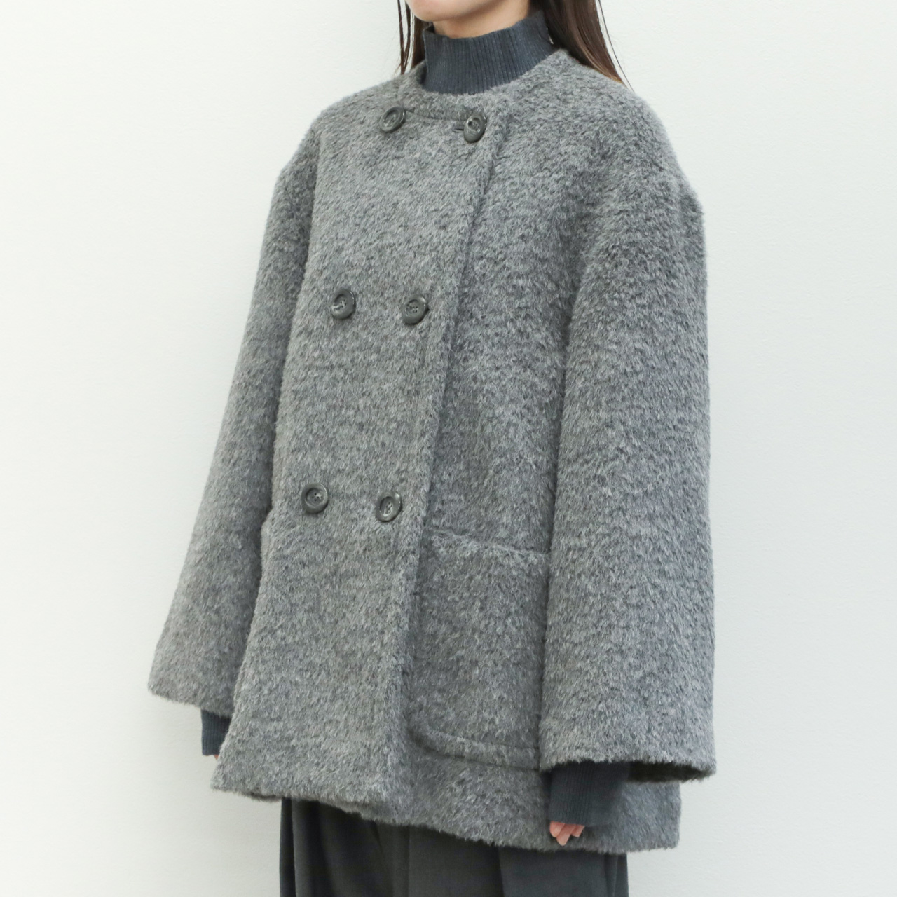 drawell ドロウェル コート ダブルブレスト ショート丈 ノーカラー A