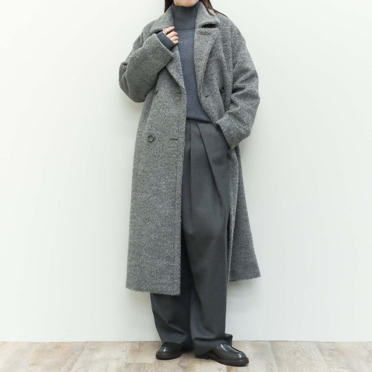 アルパカ混45R ニットコート ダブルブレスト 2 drawell ドロウェル コート ダブルブレスト ロング シャギー アルパカ