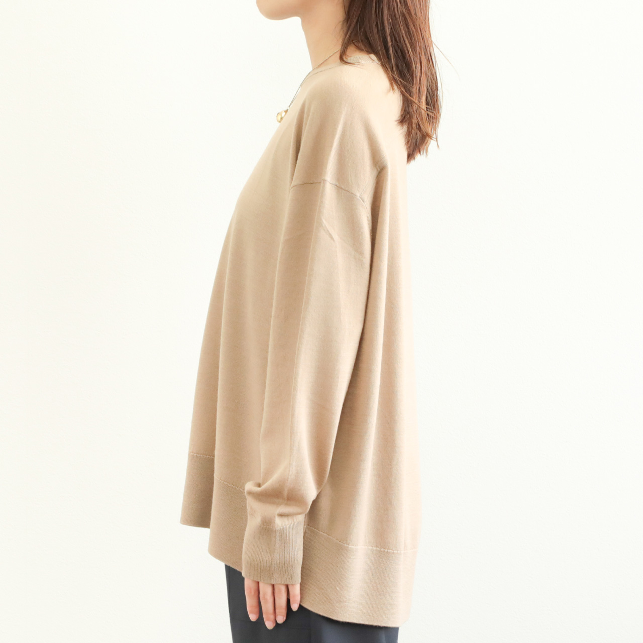 drawell ドロウェル ニット 丸首 クルーネック 長袖 バックフレア