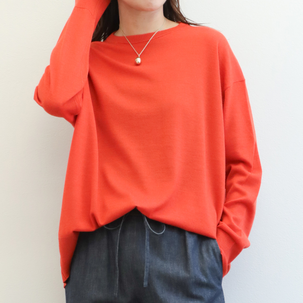 drawell ドロウェル ニット 丸首 クルーネック 長袖 バックフレア