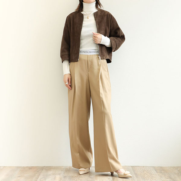 PROTAGONISTA プロタゴニスタ レディース パンツ スラックス ウール ワイド ワンプリーツ ウエストロゴ PNT-PT-12  BEIGE/ベージュ｜PROTAGONISTA｜菅原靴店