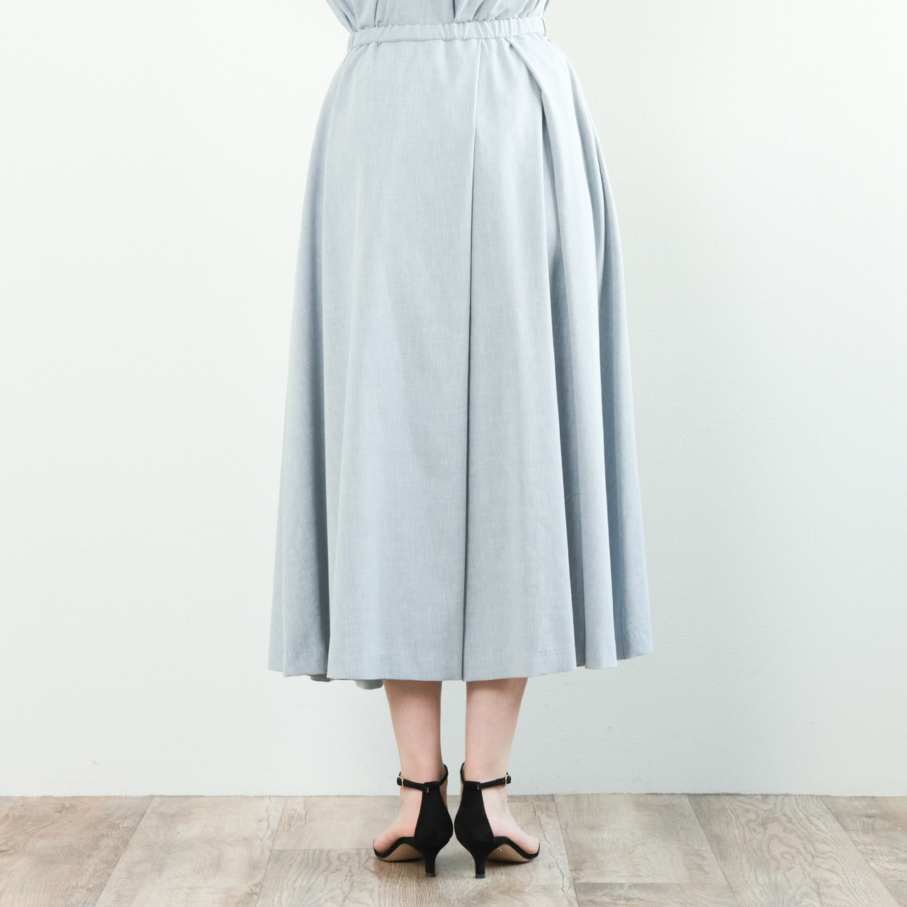 45R リネン 刺繍 フレア スカート グレー ブルー 2サイズ サイドボタン