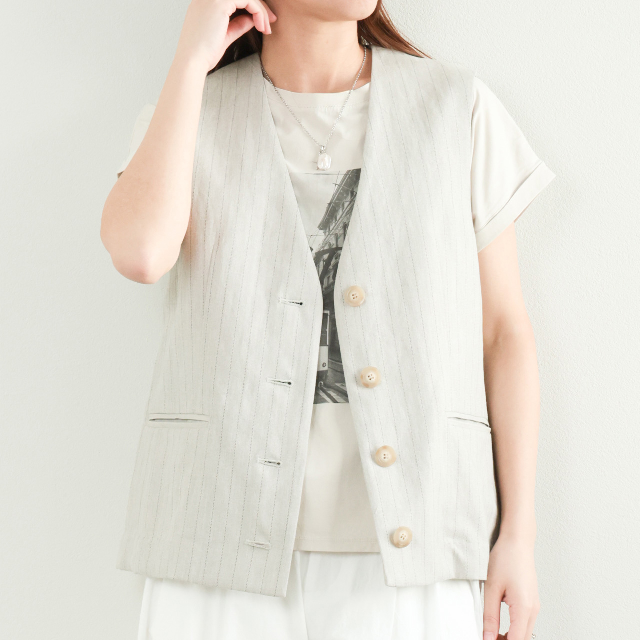 26SS 新品・定価35,200円 Le Minor GILET ジレ ベスト marmors マルモア レディース ジレ ベスト ポリエステル リネン